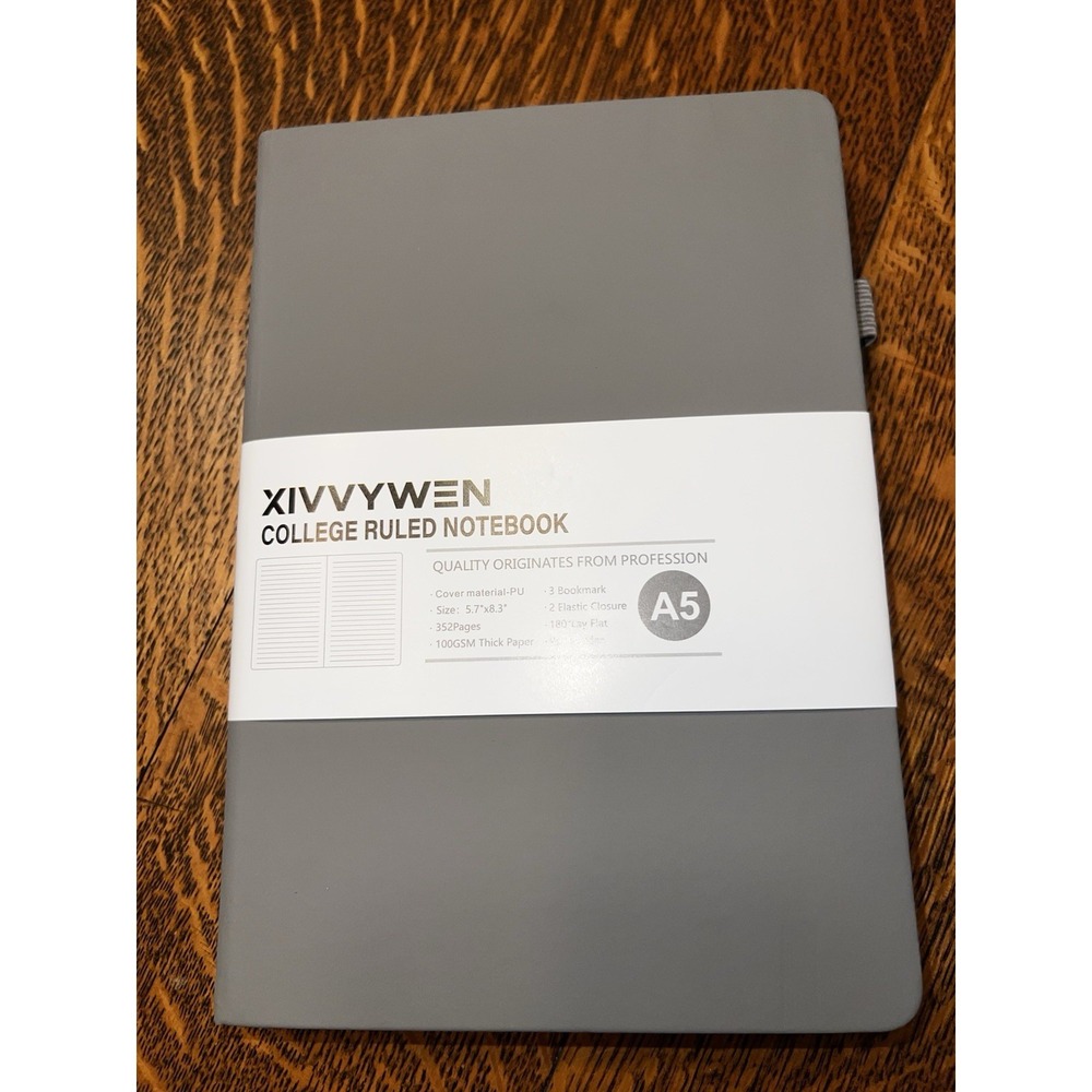 XIVVYWEN A5 Notebook College Ruled Journal Gray Faux Leather Cover Lined 352P